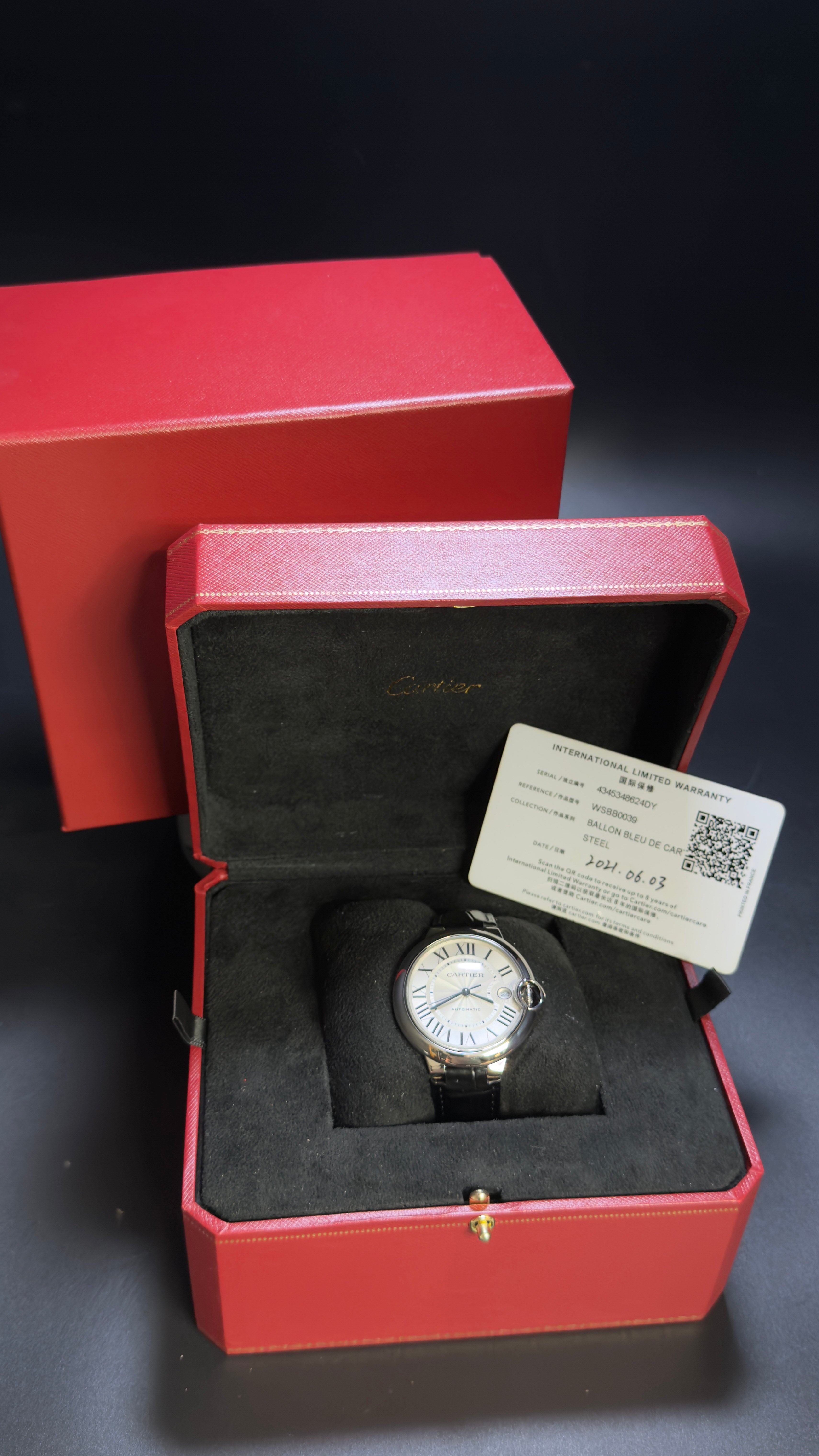 Cartier Ballon Bleu WSBB0039 40mm Silver Dial Stainless Steel Box & Papers