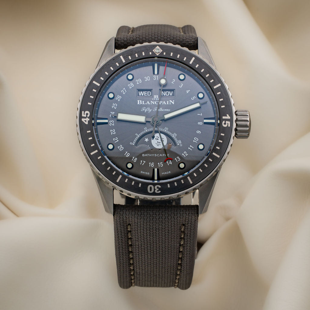 Pre-Owned Blancpain Fifty Fathoms Bathyscaphe Quantième Complet Phases de Lune — Ref. 5054-1210-G52A
