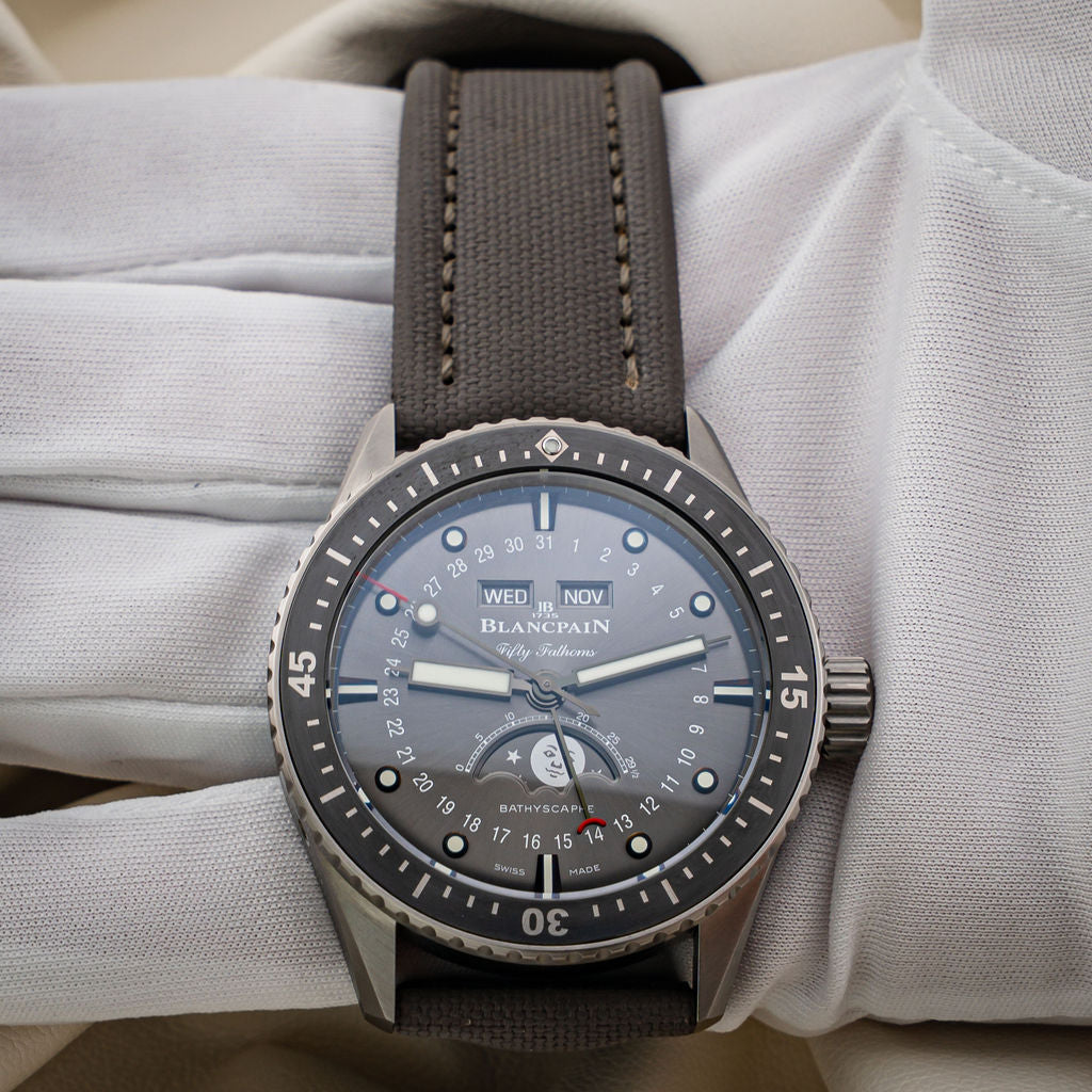 Pre-Owned Blancpain Fifty Fathoms Bathyscaphe Quantième Complet Phases de Lune — Ref. 5054-1210-G52A