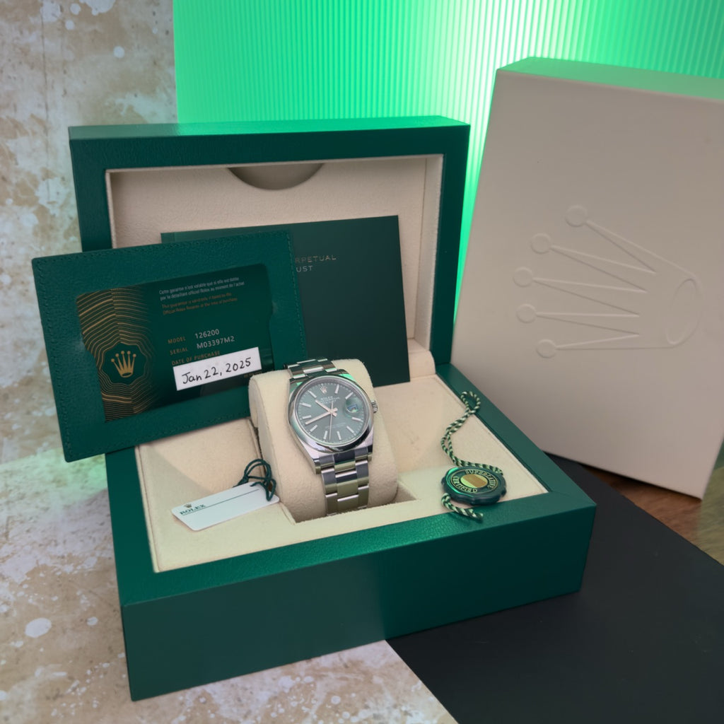 2025 Rolex Datejust 36mm 126200 Oyster Mint Green Dial. Full Set Incl white tag