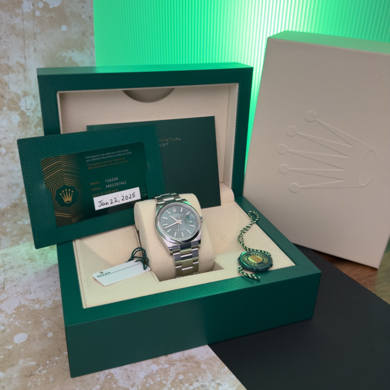 2025 Rolex Datejust 36mm 126200 Oyster Mint Green Dial. Full Set Incl white tag